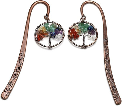 Jovivi Antique Copper Metal Bookmark Beading Bookmarks with Handmade 7 Chakra Tree of Life Tumbled Gemstones