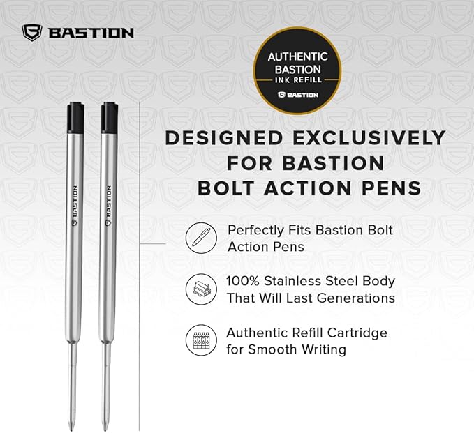 BASTION® Premium Pen Refill, Deeply Pigmented Ink for All Bastion Bolt Action Luxury Pens, Standard Ink Refill with 0.55mm Fine Tip - Black, 2 Pieces