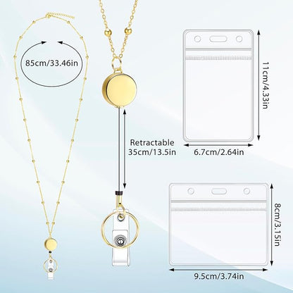 Lanyards for Id Badges Stainless Steel Badge Lanyards with 2 Pcs Waterproof Id Badge Holder Retractable Id Badge Lanyards Teacher Lanyard for Cruise Ship Key Cards Id Badges (Gold)