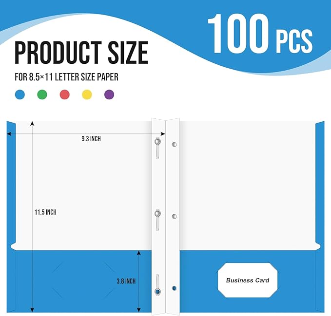 Folders with Pockets, IntoJoy 100 Pack Two Pocket Folders Business Card Holder Folders with Prongs for School Office Filing Cabinet Resume Portfolio (Colored