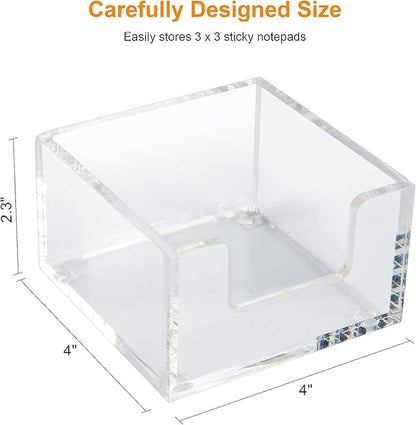 Acrylic Sticky Note Holder 3.9" x 3.9"x 2.4" for Desk Organization Office Home School Post Bank Memo Dispenser (DP012)