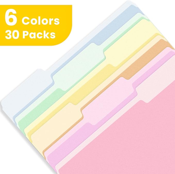 SUNEE File Folders, 30 Pack Manilla Folders 8.5 x 11, Colored File Folders Home Office School Supplies for Documents Files Paper, 6 Bright Colors