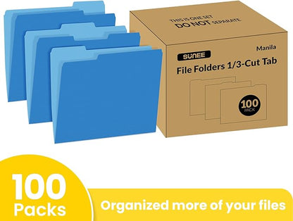 SUNEE File Folders Letter Size Blue, 100 Pack Manilla Folders 8.5 x 11 1/3-Cut Tabs, Colored File Folders Office Home School for Documents Files Paper