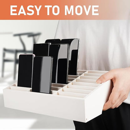 Wooden 24-Grid Cell Phones Storage Box Desktop Mobile Phone Holder Organizer for Office School Classroom (24-Grid White)