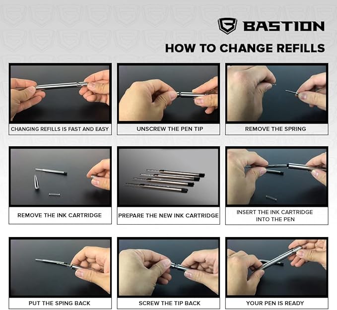 BASTION® Premium Pen Refill, Deeply Pigmented Ink for All Bastion Bolt Action Luxury Pens, Standard Ink Refill with 0.55mm Fine Tip - Black Gel, 6 PCs