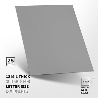 Binditek 25 Pack 12 Mil Sand-Textured Polycover - Plastic Binding Cover for Business Reports and Proposals- Lightly Textured Sand Finish - Square Corners, Un-Punched, Grey, Office Supplies