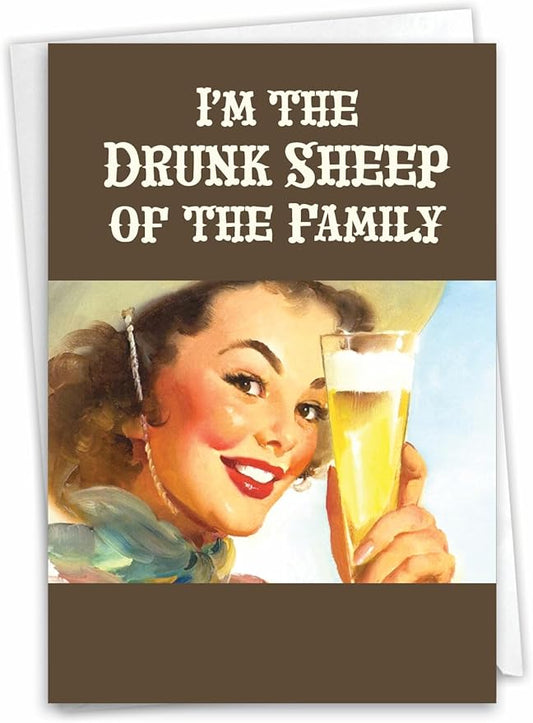 NobleWorks - 1 Funny Retro Birthday Card with Envelope - Hilarious Vintage Humor, Grown-Up Birthday Greeting - Drunk Sheep C7260BDG