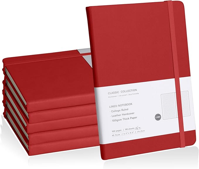 Lined Journal Notebook, 6Pack(red), 160 Pages, Medium 5.7 inches x 8 inches - 100 gsm Thick Paper, Hardcover