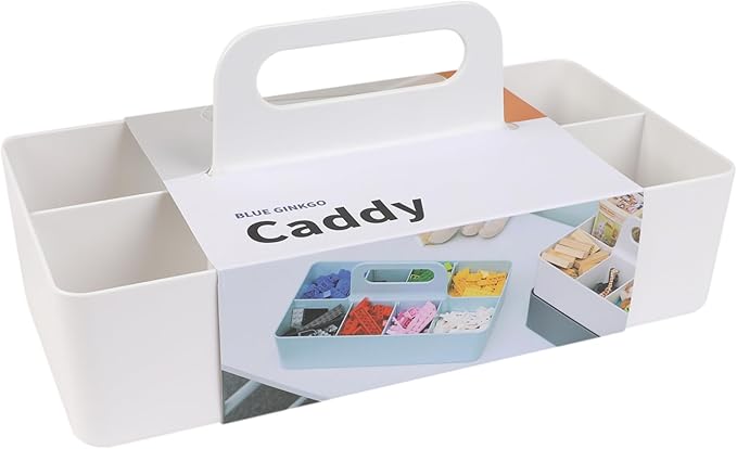 BLUE GINKGO Stackable Organizer Caddy – Korean-Made Portable Tote for Bathroom, Office, Crafts, or School Supplies (Long Rectangle, White)