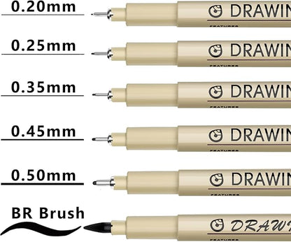 Muchcute Micro Fineliner Drawing Art Pens: 6 Black Fine Line Waterproof Ink Set Artist Supplies Archival Inking Markers Pigment Liner Journaling Sketch Outline Manga Anime Gifts Sketching Watercolor