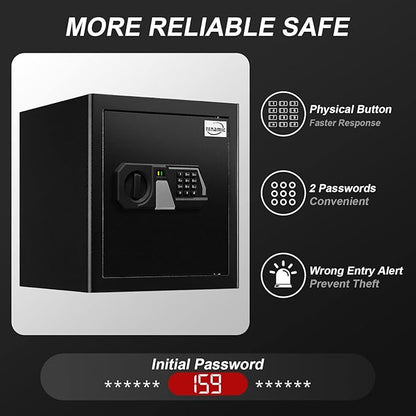 Tenamic Fireproof Safe Box 1.6 Cuft Electronic Digital Security Box, Keypad Medium Lock Box Cabinet Safes with Internal Light, Solid Alloy Steel Office Hotel Home Safe with 2 Passwords, Black