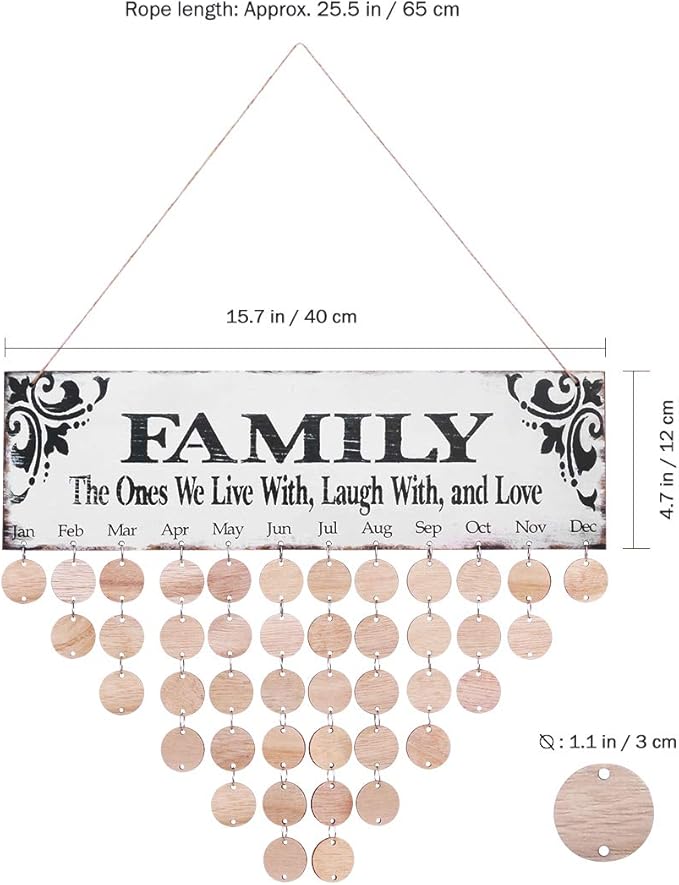 WINOMO Family Birthday Board Plaque DIY Hanging Wooden Birthday Reminder Calendar for Mom Dad Grandma Grandpa with 50pcs Round Discs
