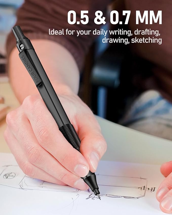 Four Candies 2PCS Metal Mechanical Pencils Set with Case, 0.5mm & 0.7 mm Artist Pencil with 6 Tubes (360PCS) HB Lead Refills, 3 Erasers,9 Eraser Refills For Writing Drafting, Drawing, Black&Silver