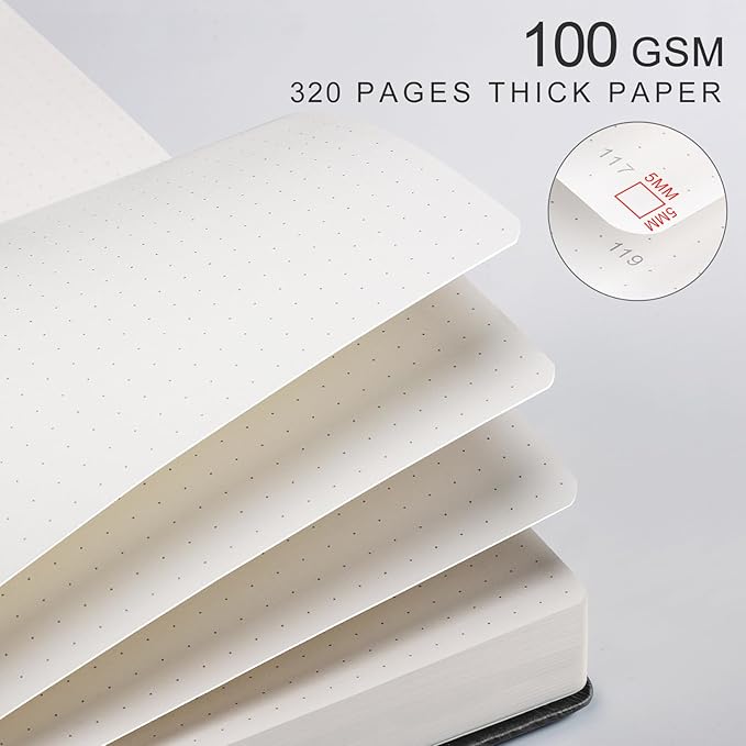 EMSHOI Bullet Dotted Journal Notebook - 320 Pages, 100gsm Thick Paper, A5 Hardcover Leather, Dot Grid Notebook for Women Men Work Writing, Bullet Journaling, Drawing, 5.75 x 8.38, Black