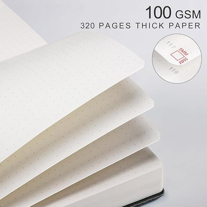 EMSHOI Bullet Dotted Journal Notebook - 320 Pages, 100gsm Thick Paper, A5 Hardcover Leather, Dot Grid Notebook for Women Men Work Writing, Bullet Journaling, Drawing, 5.75 x 8.38, Black