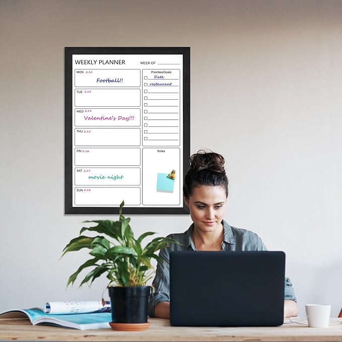 Dry Erase White Board Weekly Calendar Board, Magnetic Whiteboard for Wall,18“x24 Solid Wood Black Framed Message Board, Planner Board for Office, Home, School（Weekly-BB-BK-4560