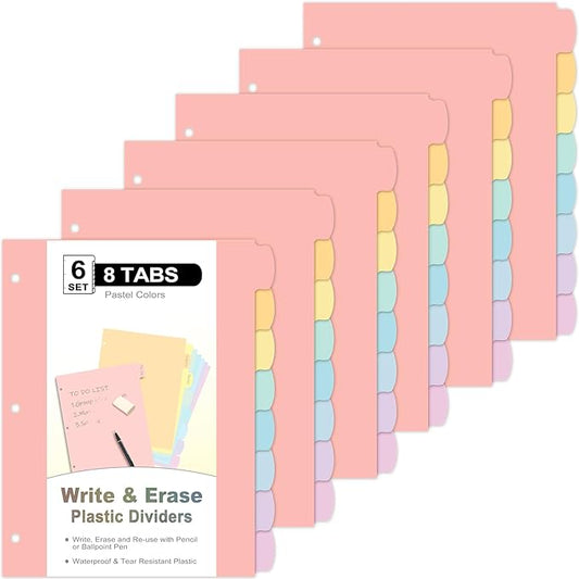 48 Count/6 Sets Write & Erase Binder Dividers with Tabs, Durable Plastic 8 Tab Dividers for 3 Ring Binder Letter Size, Separators for Student School Home Office Document Organizer, Pastel