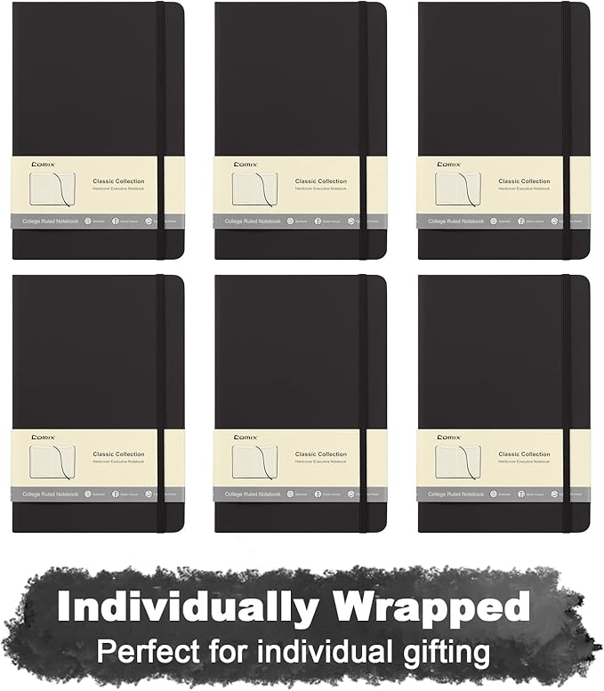 Comix 6 Pack Lined Journal Notebooks for Work, 240 Pages, 5.5"x8.3", Black, Hardcover, A5 Medium College Ruled, Journaling Notebooks for Notes-Taking, Fits for Office School Home