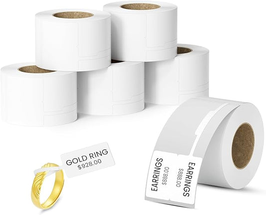 Jewelry Price Label Tags Roll Compatible with Clabel Label Maker,White Stickers Thermal Paper Self-Adhesive Rectangle Tape,600 PCS Labels 6 Roll 1.18x2.75 Inch (30x70mm) for Necklace Earring Identify