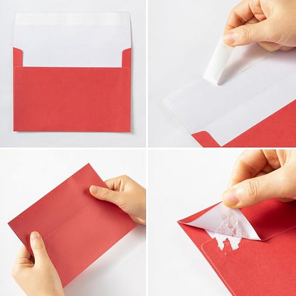 Wishop 50 Pack Shiny Self-Adhesive Envelopes with Shiny Fold Cards for Wedding Invitations, Greeting Cards, Baby Shower, Letter Mailing (Red, 4x6)