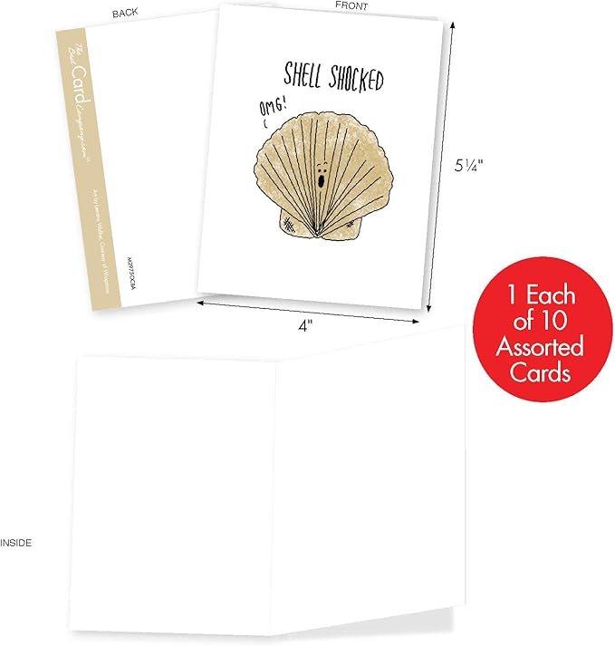The Best Card Company - 10 Funny Assorted Blank Humor All Occasions Notecards Boxed Set 4 x 5.12 Inch w/Envelopes Cute Word Play for Men, Women (10 Designs, 1 Each) - Fun Puns M2975OCB