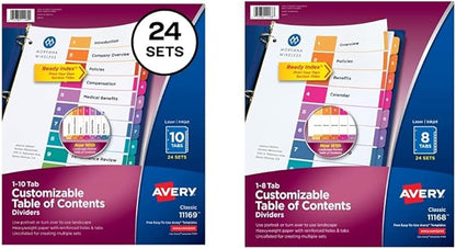Avery 10-Tab Dividers for 3 Ring Binders, Customizable Table of Contents, Multicolor Tabs, 24 Sets (11169) & 8-Tab Dividers for 3 Ring Binders, Customizable Table of Contents, Multicolor Tabs
