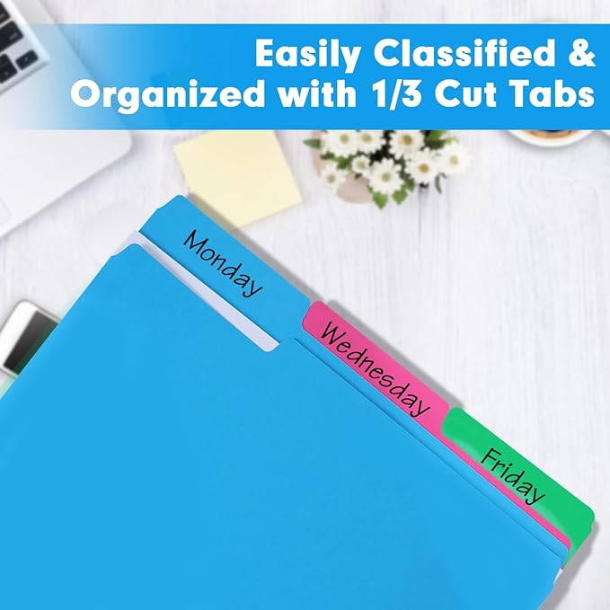 File Folder, RAZCC 250 Pack 1/3 Cut Tab Colored Folders, Colored File Folder Letter Size for Office Classroom Use, Folders with Tabs Assorted 5 Colors