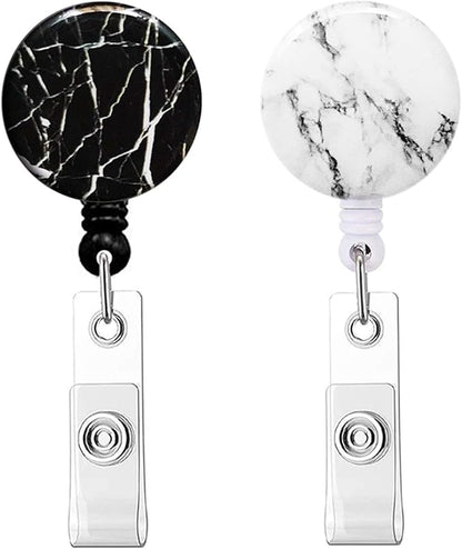 Retractable Badge Reel, Badge Holder with Alligator Clip, Cute Badge Clip on ID Name Card Holders for Nurse Doctor and Office (Marble Black and White)