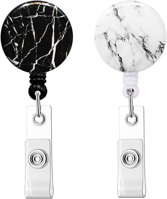 Retractable Badge Reel, Badge Holder with Alligator Clip, Cute Badge Clip on ID Name Card Holders for Nurse Doctor and Office (Marble Black and White)