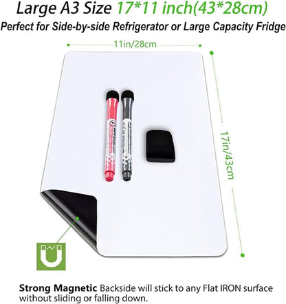 Magnetic Dry Erase Board Fridge Whiteboard Sheet 17"x11", Easy to Write and Clean, Flexible Refrigerator White Board for Home Kitchen Memo Shopping List, 2 Marker Pens and Eraser with Magnets