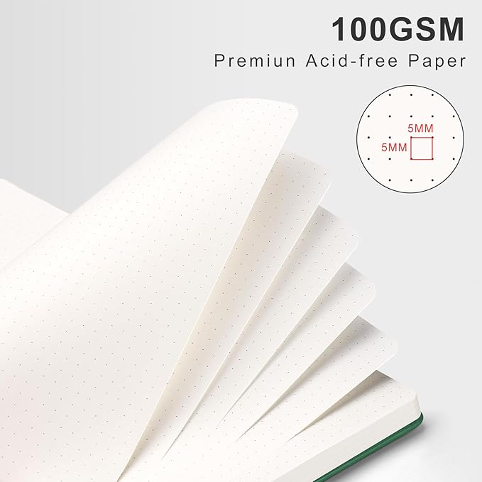 AHGXG Bullet Dotted Journal Spiral Notebook, Large B5 Dotted Notebook 140 Pages, Leather Hardcover, 100 GSM Thick Dot Grid Paper, Inner Pocket, for Bullet Journaling, 7.6" x 10", Green