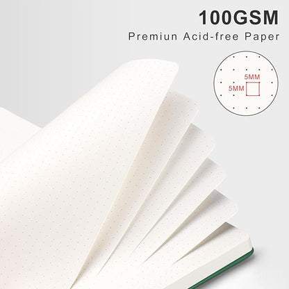 AHGXG Bullet Dotted Journal Spiral Notebook, Large B5 Dotted Notebook 140 Pages, Leather Hardcover, 100 GSM Thick Dot Grid Paper, Inner Pocket, for Bullet Journaling, 7.6" x 10", Green