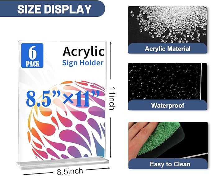 6 Pack Acrylic Sign Holder 8.5 X 11, Vertical T Shape Clear Plastic Sign Holder, Double Sided Clear Display Stand Table Top Sign Paper Holder, Sign Holder Suitable for Office, Store, Restaurant