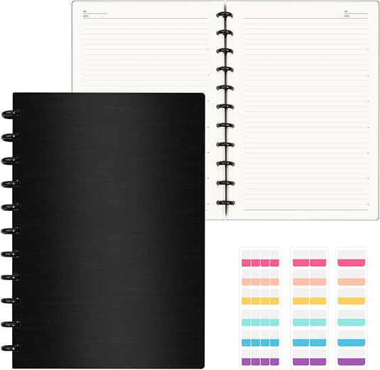 Discbound Notebook, 8-Disc Disbound Planner with Removable Pages, 180 Pages Spiral Notebook, Poly Cover Discbound Planner for Work, Travel, Note Taking(With Index Sticker),Black, A4