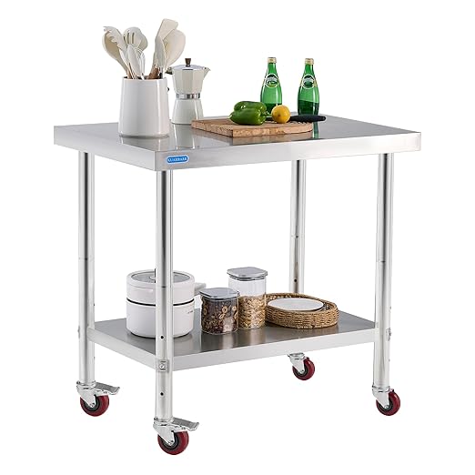 Stainless Steel Table for Prep & Work with 4 Caster Wheels with Undershelf 24 x 36 NSF Metal Commercial Kitchen Adjustable Undershelf Worktable for Restaurant Home Outdoor