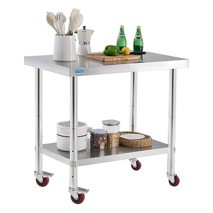 Stainless Steel Table for Prep & Work with 4 Caster Wheels with Undershelf 24 x 36 NSF Metal Commercial Kitchen Adjustable Undershelf Worktable for Restaurant Home Outdoor