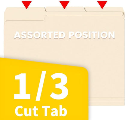 SUNEE Manilla Folders Letter Size (8.5 x 11 inches),100 Per Box, 1/3 Cut Tab for Easy Labeling and Organization, Durable Standard Paper for Home, Office, School Filing