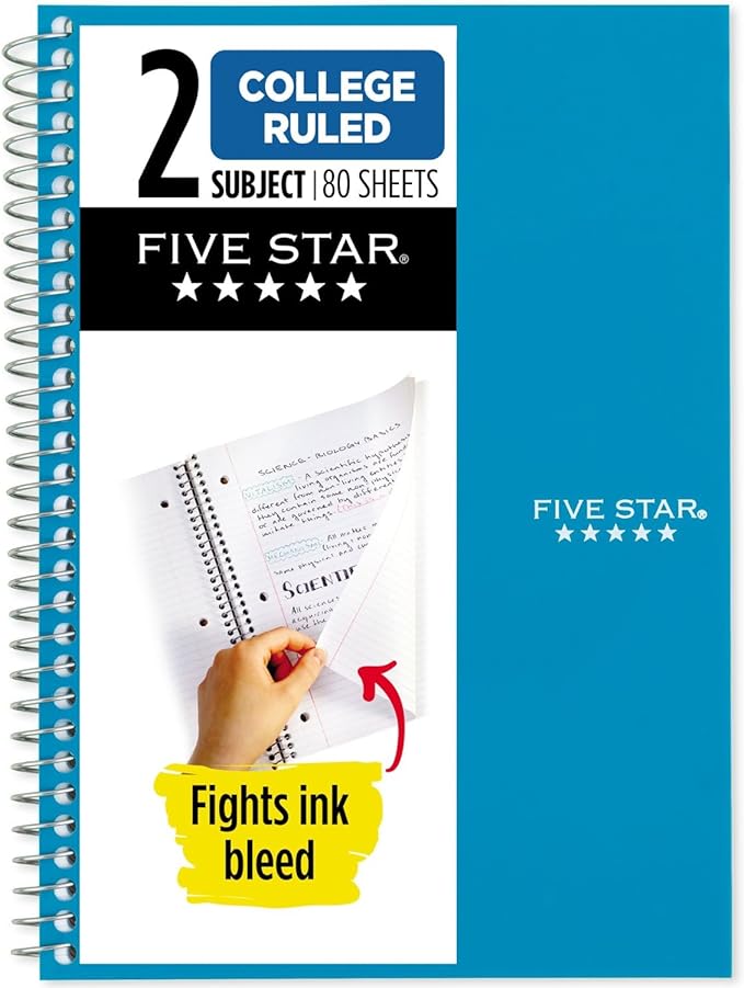 Five Star Spiral Notebook, 2 Subject, College Ruled, 9 1/2" x 6" 80 Sheets, Tidewater Blue (840029CG1-ECM)