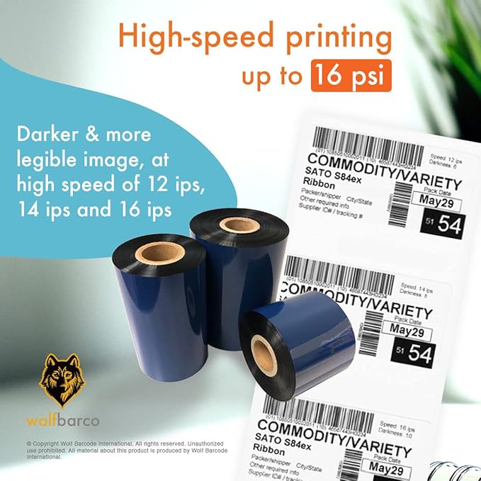 12 Rolls Wolfbarco 5.98" x 1476' (152mm x 450m) Black Premium Resin-Enhanced Wax Thermal Transfer Ribbon Compatible with Zebra,TEC, INTERMEC,Citizen,TSC,GODEX,ARGOX Printers
