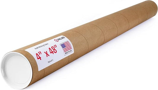 4" x 48" Reinforced Kraft Paper Mailing Tube, Pack of 1 Tube with 2 Caps – Secure USPS Approved Poster Tube – Made in USA Cardboard Tube for Shipping and Storing Posters, Prints, Artwork, or Documents