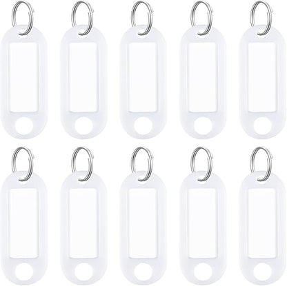 Uniclife 10 Pieces Key Tags 2 Inch Soft Plastic Key Chain Tags with Blank Paper Labels Clear Windows Protective Films and Split Rings Flexible Item Identifiers, White