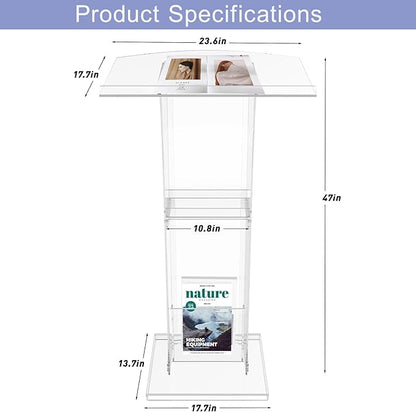 Acrylic Podium Stand With Storage Shelf,Segmented Transparent Lecterns & Podiums,Pulpits For Churches、Conference、Speeches、Weddings、Classroom、Concert,47" H Professional Presentation Podiums