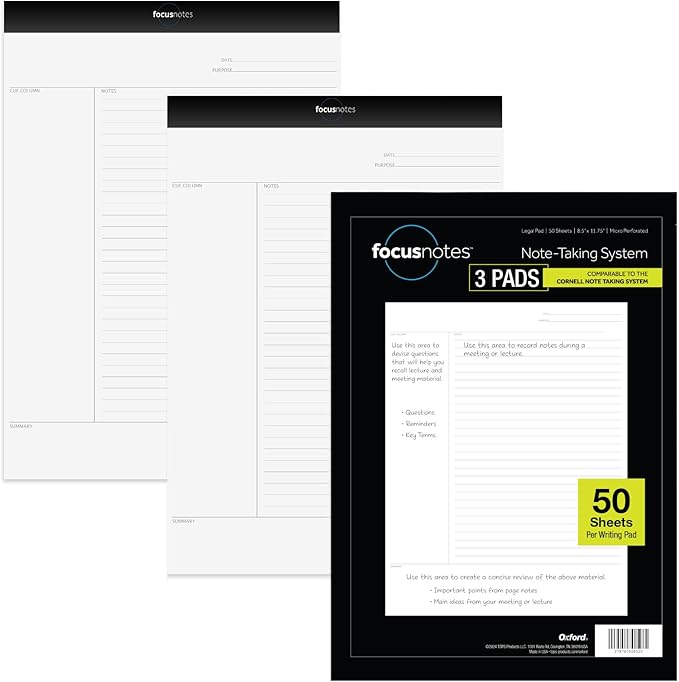 Tops Oxford Focusnotes Legal Pad - Cornell Notepad for Note Taking - 8-1/2" X 11-3/4"- Pack of 3 Notepads For Work - 50 Sheets