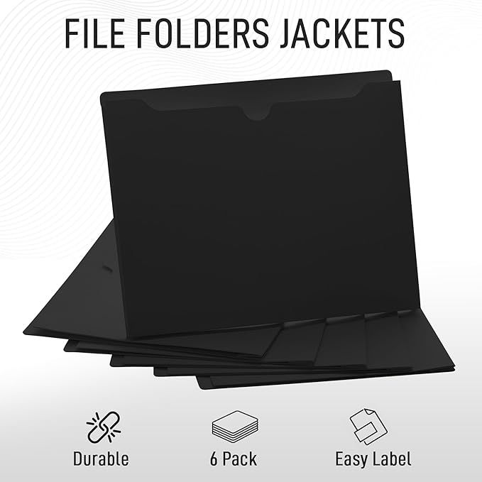 Black File Jackets, 2 Inch Expansion, Letter Size, Reinforced Straight-Cut Tab, 6 Pack