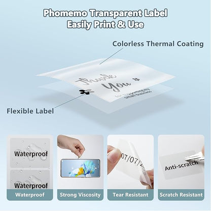 Transparent Thermal Label Paper, Round Multi-Purpose Label for Phomemo M110/M220/M120/M150/M250/M221 Label Printer, Self-Adhesive Thermal Printer Paper, 1.57"x1.18"(40x30mm) 180 Labels/Roll, Clear