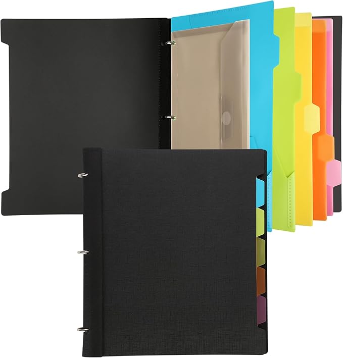 Pivotable Refillable Notebook, 3 Ring Binder Notebooks 1 Inch, Notebook with Dividers and Pockets, Folder Notebook, Flexible Binder, Soft Binders 3 Ring, Foldable Binder- Black