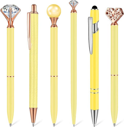 6 Pcs Ballpoint Pens Set Metal Crystal Diamond Pen for Journaling Glitter Pretty Cute Stationery Black Ink Fancy Gifts for Women Girls Teacher Office Wedding School Supplies(Yellow)