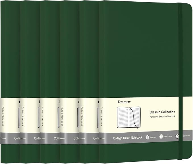 Comix 6 Pack Lined Journal Notebooks for Work, 240 Pages, 5.5"x8.3", Dark Green, Hardcover, A5 Medium College Ruled, Journaling Notebooks for Notes-Taking, Fits for Office School Home