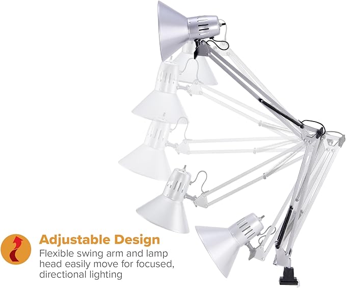 Bostitch Office VLF100-SLV Swing Arm Desk Lamp with Clamp Mount, 36" Reach with Multi-Joint Adjustment, Includes Replaceable LED Bulb (VLF), Silver