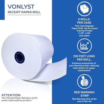 3 1/8 x 230 Thermal Paper Receipt Roll for Epson Printer (Pack 06 rolls)